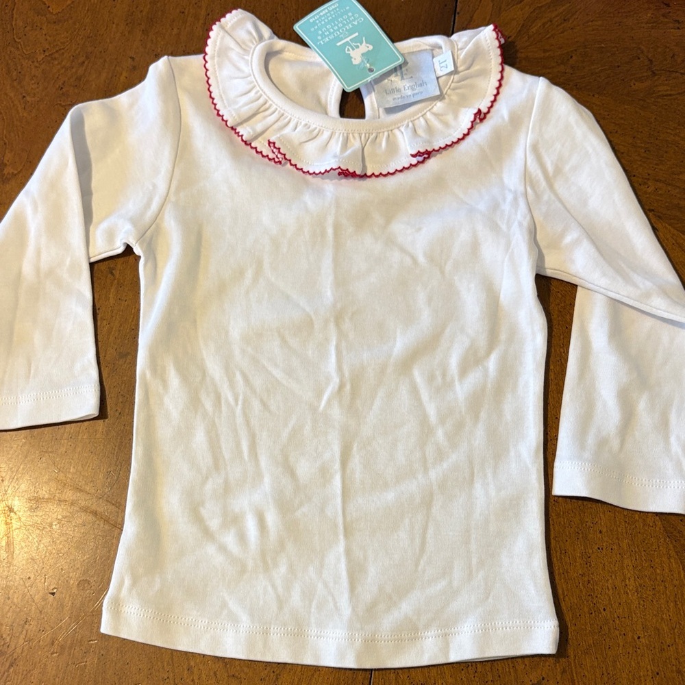 Little English White Long-Sleeve Top with Pink Scallop Ruffle Collar